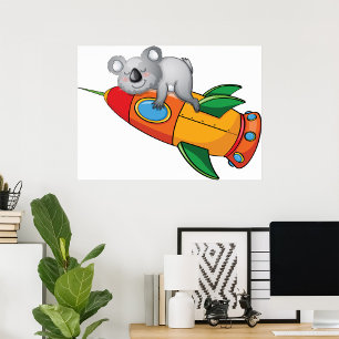 Poster Dormindo Koala no foguete Colorido