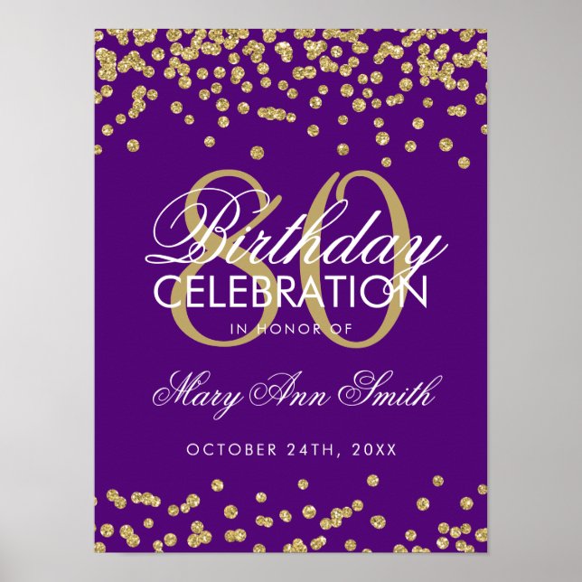 Poster Dourada 80 Birthday Glitter Confetti Roxo (Frente)