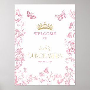 Poster Dourada borboleta rosa Quinceañera Bem-vinda