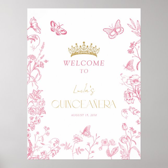 Poster Dourada borboleta rosa Quinceañera Bem-vinda (Frente)