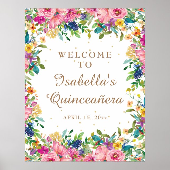 Poster Dourada cor-de-rosa, Glitter Quinceañera Bem-vinda (Frente)
