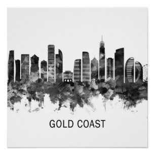 Pôster Dourada Costa Austrália Skyline BW