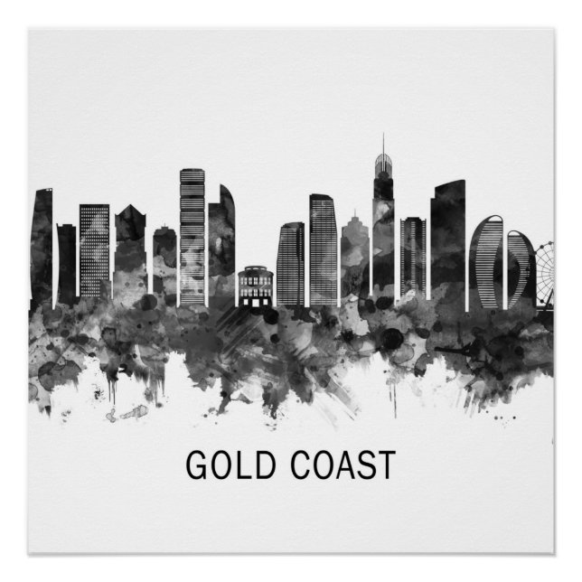 Pôster Dourada Costa Austrália Skyline BW (Frente)