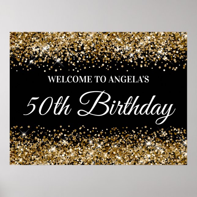 Poster Dourada Glitter Black 50th Birthday Bem-vindo (Frente)
