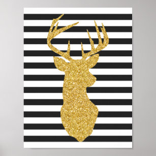 Pôster Dourada Glitter Deer Black & White Strips