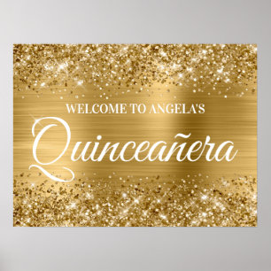 Poster Dourada Glitter e Foil Quinceanera Boas-vindas