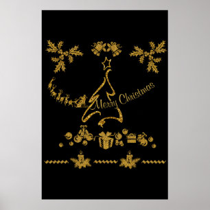 Poster Dourada Glitter Feliz Natal, Papai Noel