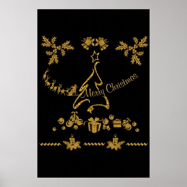 Poster Dourada Glitter Feliz Natal, Papai Noel (Frente)