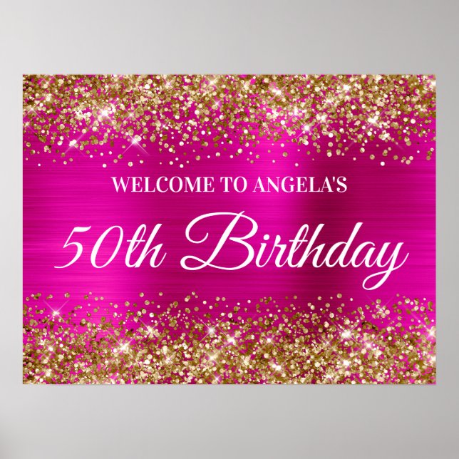 Poster Dourada Glitter Hot Pink Foil 50th Aniversário Bem (Frente)
