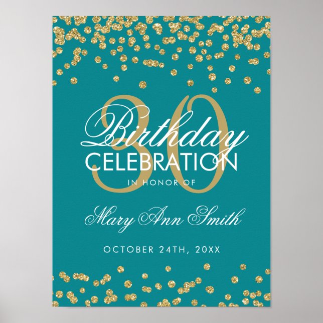 Poster Dourada Glitter Teal Confetti aniversário de 30 an (Frente)