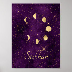 Poster Dourada Lua Fases Estrelas Roxas Personalizadas
