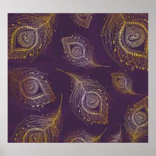 Poster Dourada pena de pavão, fundo violeta.