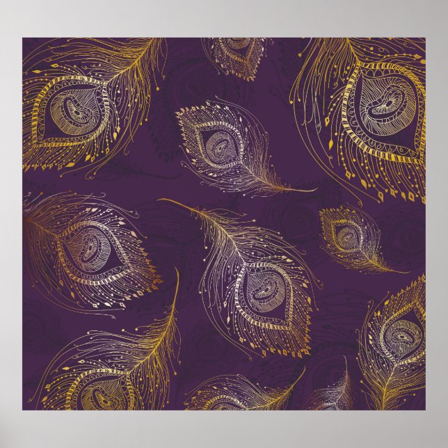 Poster Dourada pena de pavão, fundo violeta. (Frente)