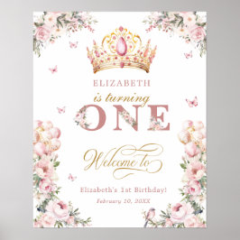 Poster Dourada Princesa primeiro aniversario Bem-vinda