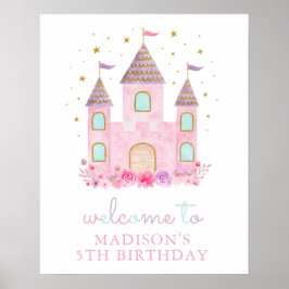 Poster Dourada Princesa Rosa Moderna Castle Birthday