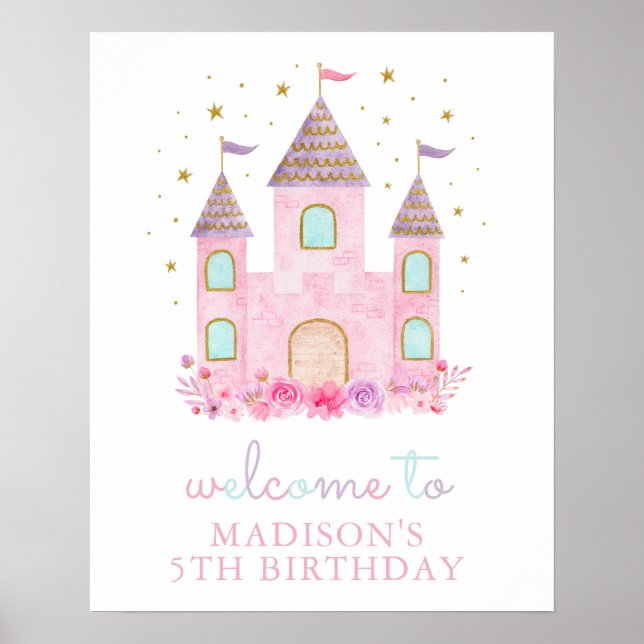 Poster Dourada Princesa Rosa Moderna Castle Birthday (Frente)