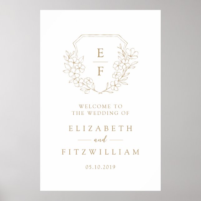 Poster Dourada, Simples Cherry Blossom Monograma Crest Be (Frente)