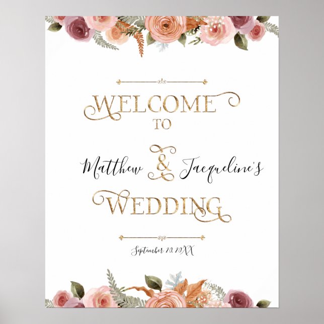 Poster Dourada Tipografia Dusty Blush Floral Casamento de (Frente)