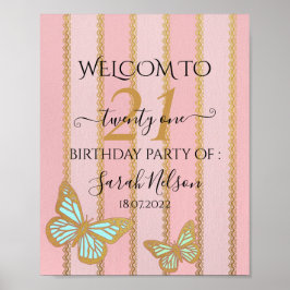 Poster Douradas e borboletas rosa