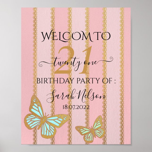 Poster Douradas e borboletas rosa (Frente)