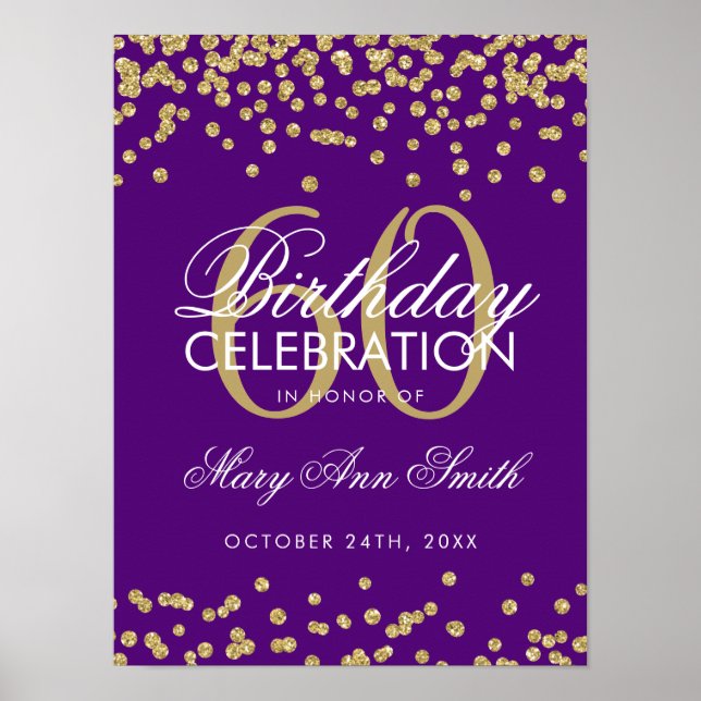 Poster Dourado 60º Aniversário Glitter Confetti Purple (Frente)