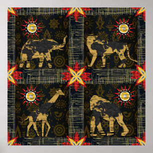 Poster Dourado Blue Red Safari Mapa Mundial de Animais Af