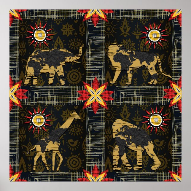 Poster Dourado Blue Red Safari Mapa Mundial de Animais Af (Frente)