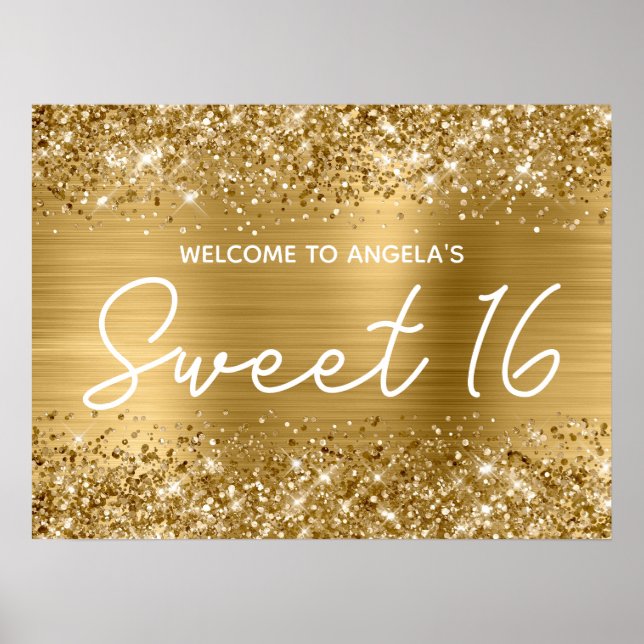 Poster Dourado brilho e foil Sweet 16 Welcome (Frente)