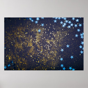 Poster Dourado brilho e reluzente estrelas azuis em preto