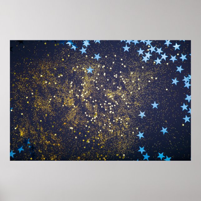 Poster Dourado brilho e reluzente estrelas azuis em preto (Frente)