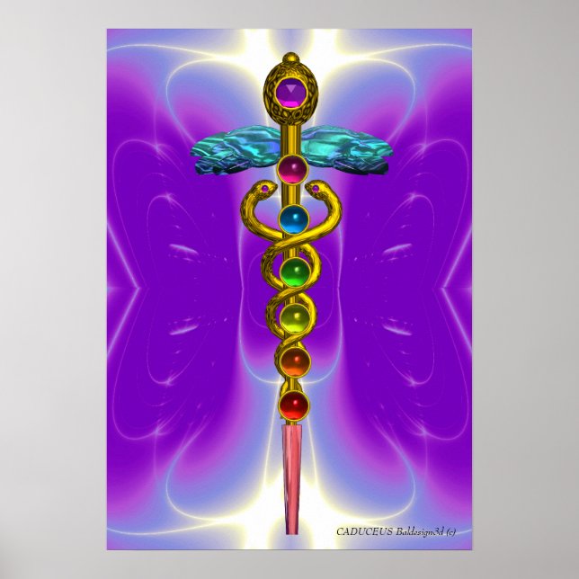 Poster DOURADO CADUCEUS 7 CHAKRAS,Yoga,Violeta Roxo Médic (Frente)