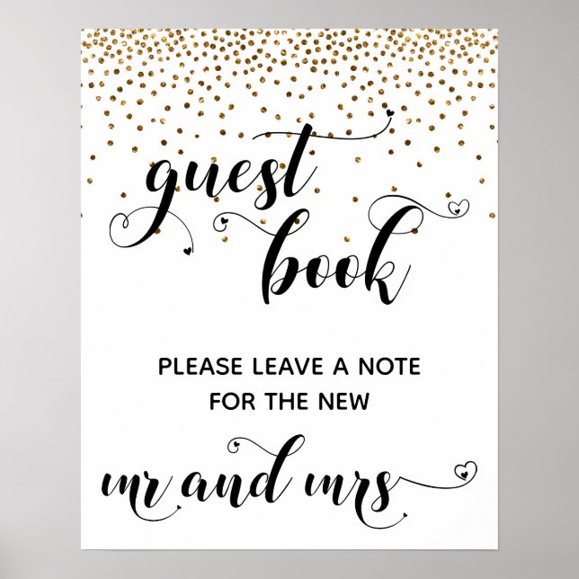 Poster Dourado Confetti Hearts Guest Book Reception Sinal (Frente)