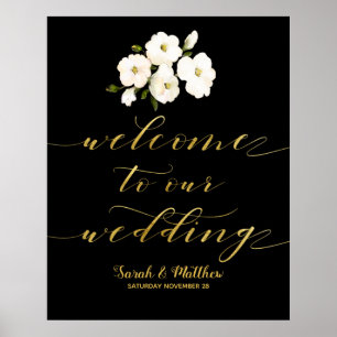 Poster Dourado Floral Branco Negro Bem-Vindo Ao Nosso Cas