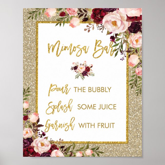 Poster Dourado Glitter Mimosa Bar Sinal Floral de Casamen (Frente)