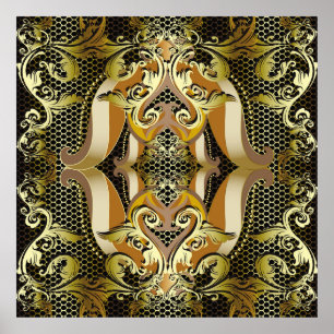 Poster Dourado luxo barroco, tridimensional, padrão sem c
