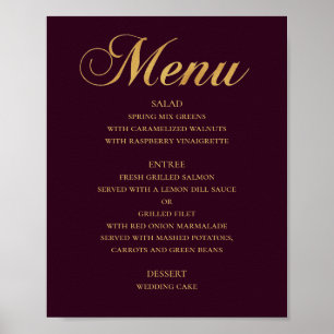 Poster Dourado menu de janto de casamento. Burgundy elega
