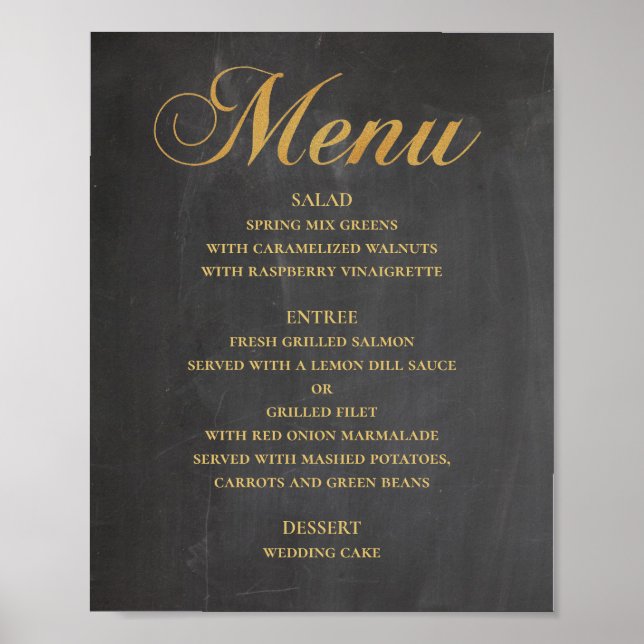Poster Dourado menu de janto de casamento. Chalkboard ele (Frente)