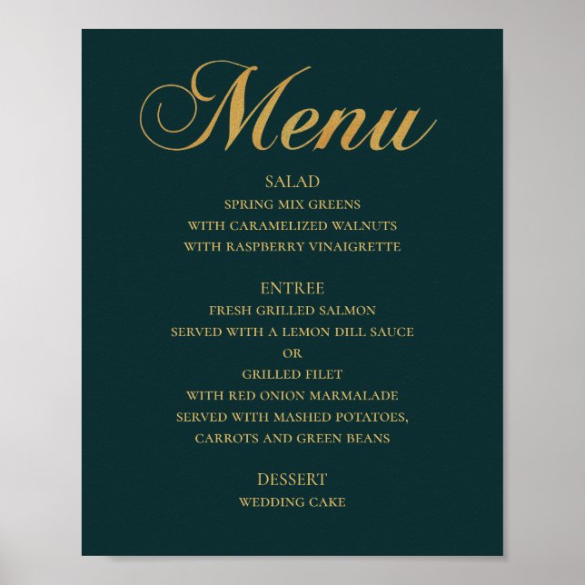 Poster Dourado menu de janto de casamento. Teal elegante  (Frente)