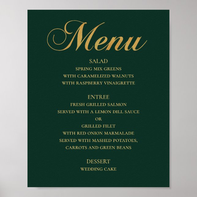 Poster Dourado menu de janto de casamento. Verde elegante (Frente)
