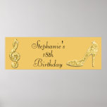 Pôster Dourado Music Note e Stiletto 18th Birthday<br><div class="desc">Cartaz personalizado, elegante e personalizado da 18ª festa de comemoração da festa de aniversário. Belo ouro e bandeiras de festa de aniversário de 18 anos de idade / 18 anos de idade com imagens impressas glamourosas / diamante brilho, sequências, joias brilham calçado de salto alto e nota musical / nota...</div>