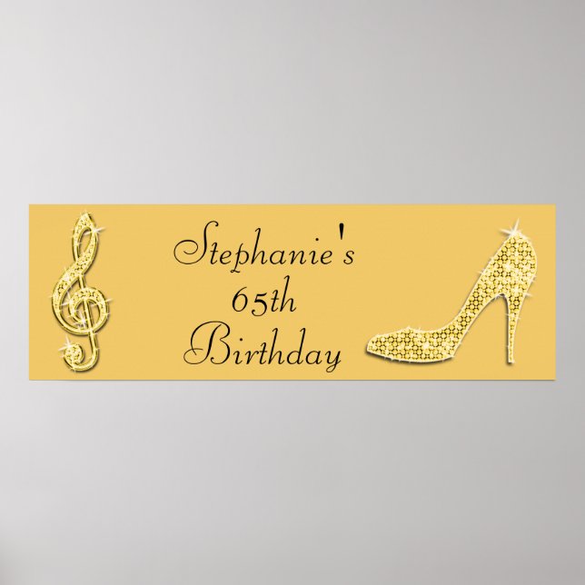 Pôster Dourado Music Note e Stiletto 65th Birthday (Frente)