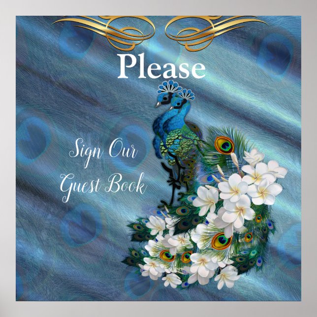 Poster Dourado, Penas Peacock na Emerald Green Silk (Frente)