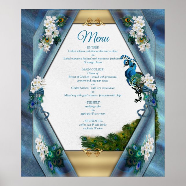 Poster Dourado, Penas Peacock na Emerald Green Silk (Frente)