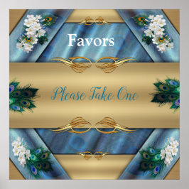 Poster Dourado, Penas Peacock na Emerald Green Silk