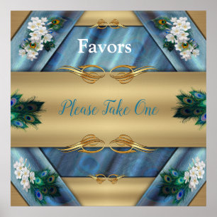 Poster Dourado, Penas Peacock na Emerald Green Silk