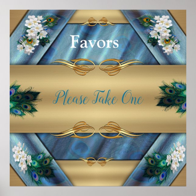 Poster Dourado, Penas Peacock na Emerald Green Silk (Frente)