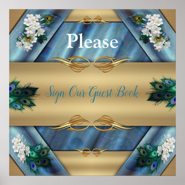 Poster Dourado, Penas Peacock na Emerald Green Silk (Frente)