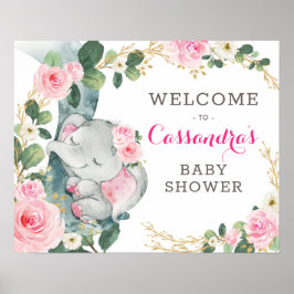 Poster Dourado rosa Elefante Floral Eucalyptus Bem-vindo