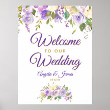 Dourado Roxo Aquarela Floral Bem-vindo ao Casament