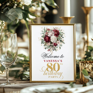 Poster Dourado rubor burgundy 80º aniversário 8x10 bem-vi